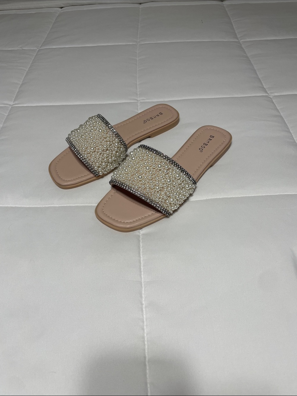 BY FAR Nude Pearl-Embellished Slide Mules